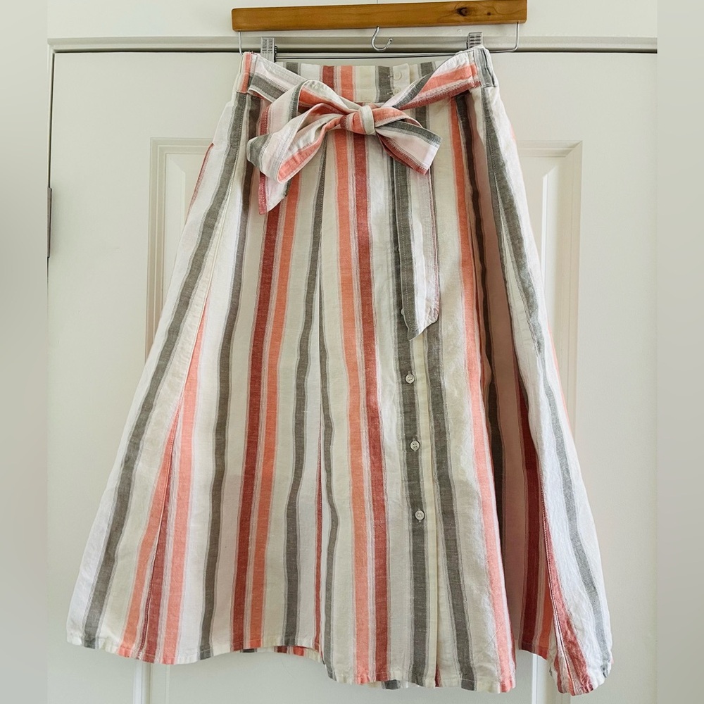 Pink and Gray A-Line Midi Skirt with Tie Front